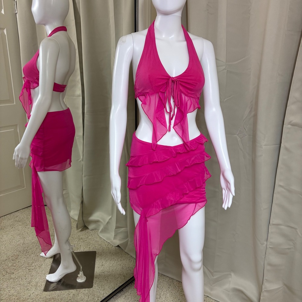 Y2K Hot Pink Halter Crop Top and Ruffle Mesh Mini Skirt Set Small